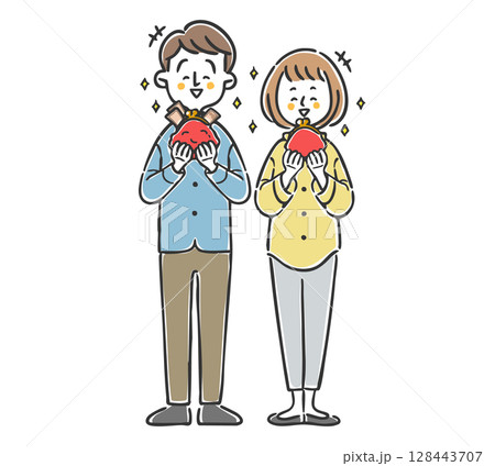 お財布を持ち嬉しそうにする夫婦 全身 ベクター お財布を持ち嬉しそうにする夫婦 全身 ベクター 128443707