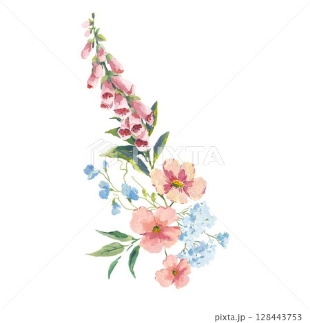 Gouache wildflower bouquet with foxglove, poppy, buttercups and forget-me-nots romantic hand-painted floral arrangement on white background. Perfect for wedding designs, vintage decor, textile prints 128443753