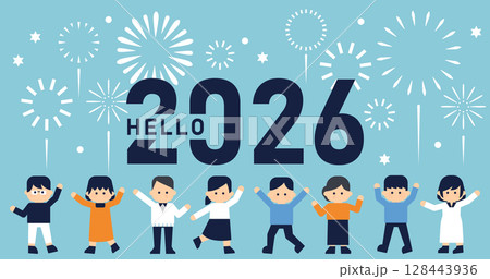 HELLO 2026！花火と手を挙げる人々のベクターイラスト アイキャッチ 128443936