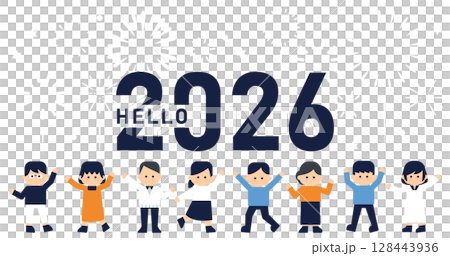 HELLO 2026！花火と手を挙げる人々のベクターイラスト アイキャッチ 128443936
