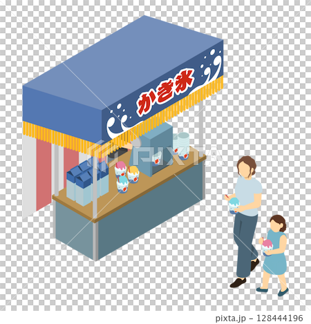 Isometric illustration: Parents and children buying shaved ice at a shaved ice stand 128444196