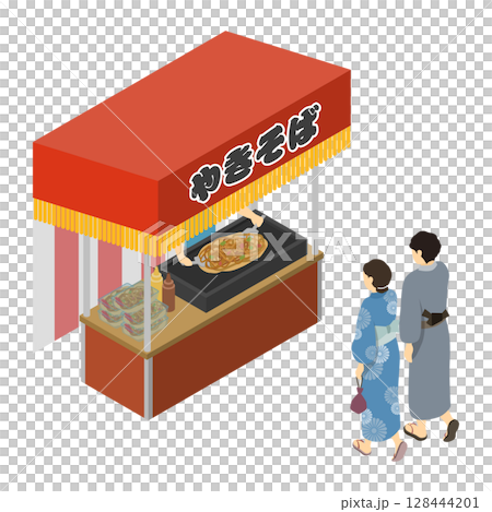 Isometric illustration: Couple buying yakisoba at a yakisoba stall 128444201