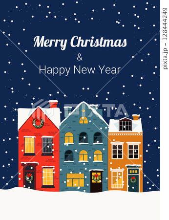 Merry Christmas card with decorated houses 128444249