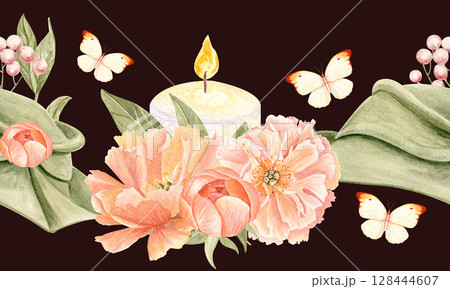 Burning candle, blooming peonies, green hat with soft folds, butterflies and berries watercolor seamless border on black. Perfect for wedding invites, tape, packaging, romantic decor, seasonal designs Burning candle, blooming peonies, green hat with soft folds, butterflies and berries watercolor seamless border on black. Perfect for wedding invites, tape, packaging, romantic decor, seasonal designs 128444607