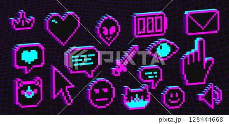 Retro pixel art 3d emoticon set Retro pixel art 3d emoticon set 128444668