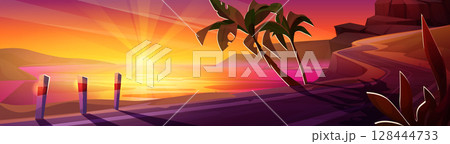 Tropical sunset road with glowing horizon over sea 128444733
