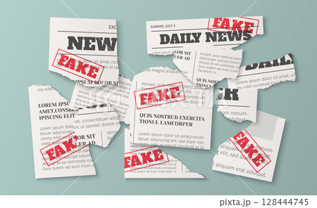 Fake news torn paper pieces 128444745