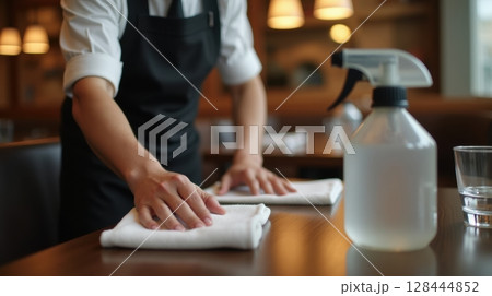 male waiter meticulously cleans a wooden restaurant table male waiter meticulously cleans a wooden restaurant table 128444852