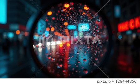 POV shot of a city street at night through a lens covered in raindrops 128444856