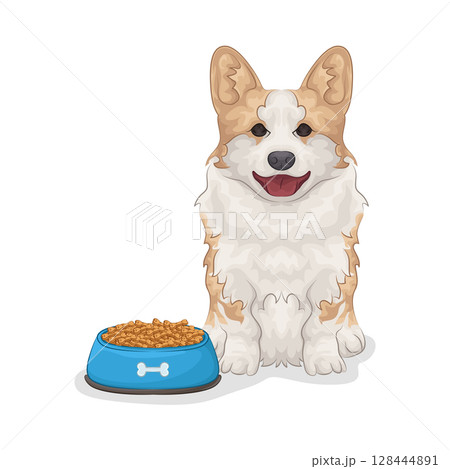 Illustration of Dog with Food Bowl 128444891