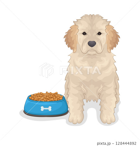 Illustration of Dog with Food Bowl 128444892