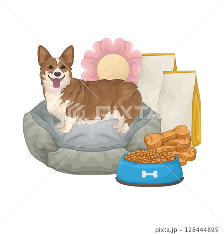 Illustration of Dog with Food Bowl 128444895