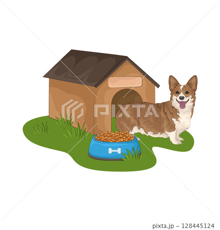 Illustration of Dog with food bowl Illustration of Dog with food bowl 128445124