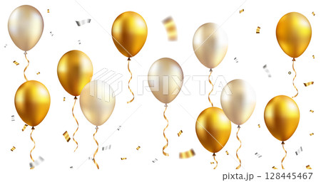 金とシャンパンゴールドの風船と紙吹雪の背景透過素材|お祝い・パーティー演出に使える装飾アイテム 金とシャンパンゴールドの風船と紙吹雪の背景透過素材|お祝い・パーティー演出に使える装飾アイテム 128445467