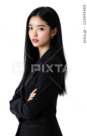 Elegant Business Pose Stylish young woman with long black hair in a dark blazer, facing forward with slight smile, confident 128445469