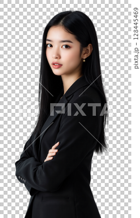 Elegant Business Pose Stylish young woman with long black hair in a dark blazer, facing forward with slight smile, confident 128445469