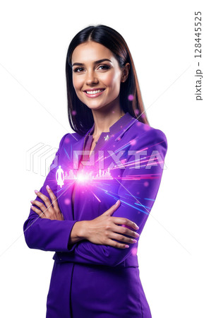 A powerful female executive in a bold purple dress, illuminated by financial projections and market analytics, symbolizing her transformative impact 128445525