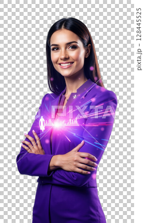 A powerful female executive in a bold purple dress, illuminated by financial projections and market analytics, symbolizing her transformative impact 128445525