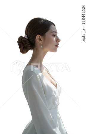 A graceful woman in pearl-white, surrounded by translucent butterflies with code on their wings, symbolizing elegant transformation, tech empathy 128445526