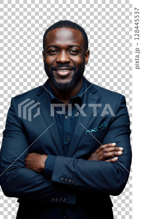 A Black male CEO in dark navy, arms folded, as digital currency symbols and stock market graphs pulse around him 128445537