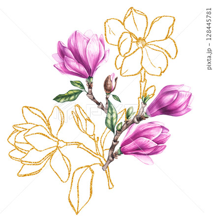 Watercolor bouquet magnolia and gold decorative illustration Watercolor bouquet magnolia and gold decorative illustration 128445781