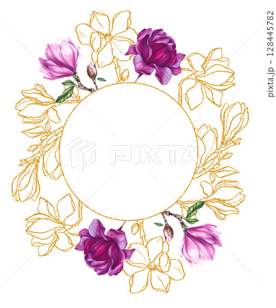 Watercolor bouquet magnolia and gold decorative illustration Watercolor bouquet magnolia and gold decorative illustration 128445782