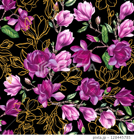 Watercolor bouquet magnolia and gold decorative illustration 128445785