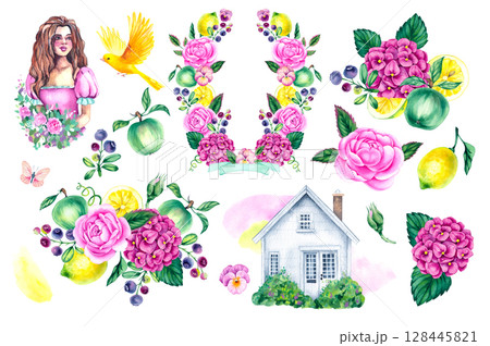 Garden watercolor cottage hand drawn collection 128445821