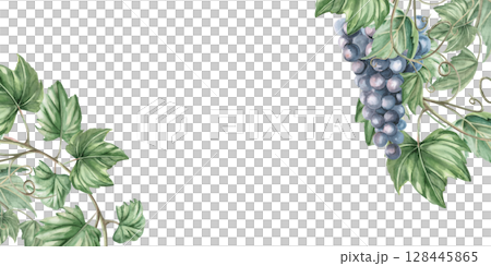 Rectangular frame with corner elements made of grapevine. Isolated watercolor illustration for restaurant menu design, shop windows, bottle labels, fair print design, harvest day. Rectangular frame with corner elements made of grapevine. Isolated watercolor illustration for restaurant menu design, shop windows, bottle labels, fair print design, harvest day. 128445865