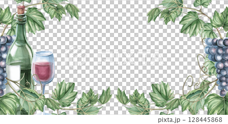Rectangular frame with wine bottles, glass and bunches of grapes. Isolated watercolor illustration for restaurant menu design, shop windows, bottle labels, fair printed materials design. 128445868