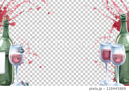 Rectangular frame with wine bottles, glasses and splashes. Isolated watercolor illustration for restaurant menu design, shop windows, bottle labels, fair print design. 128445869