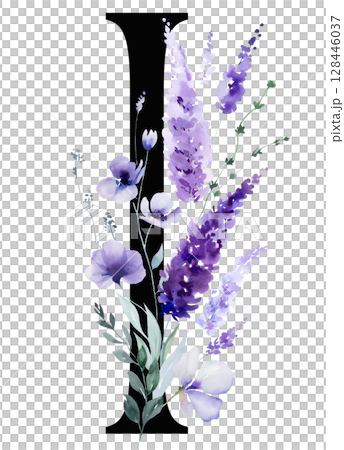 Black letter I with watercolor purple lavender flowers, summer floral wedding isolated monogram Black letter I with watercolor purple lavender flowers, summer floral wedding isolated monogram 128446037