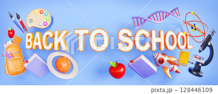 Back to school 3d scene with backpack, book, apple, stationery, rocket, planet, microscope, dna, atom, brush, paint on blue render background. Welcome poster with fisheye lens effect. 3D illustration Back to school 3d scene with backpack, book, apple, stationery, rocket, planet, microscope, dna, atom, brush, paint on blue render background. Welcome poster with fisheye lens effect. 3D illustration 128446109