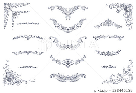 Set of vintage vector design elements, dividers, corners borders. Retro Victorian style. Set of vintage vector design elements, dividers, corners borders. Retro Victorian style. 128446159