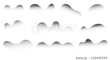 Grainy dotted abstract shapes on white background. Noisy gradient with black stipple shadow. Vector liquid figures with dotted fade. Dusty spots with diffuse texture. Monochrome fluid effect 128446169