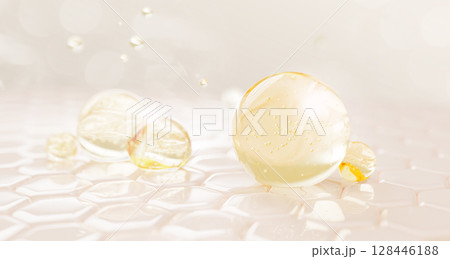 3d epidermis skin layer with hexagon cell pattern and oil drops texture. Light background with gold liquid serum, collagen gel, retinol vitamin bubbles. Cosmetic spheres for skincare. 3D illustration 3d epidermis skin layer with hexagon cell pattern and oil drops texture. Light background with gold liquid serum, collagen gel, retinol vitamin bubbles. Cosmetic spheres for skincare. 3D illustration 128446188