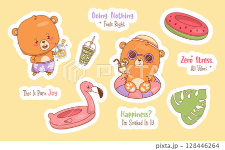 Cute summer beach bear with drink Cocktail and inflatable pool floats stickers set. Funny isolated Animal kawaii character and cool vacation slogan. Vector illustration. Not AI Cute summer beach bear with drink Cocktail and inflatable pool floats stickers set. Funny isolated Animal kawaii character and cool vacation slogan. Vector illustration. Not AI 128446264