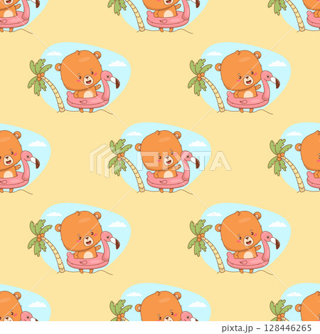 Seamless pattern with Cute bear beachgoer on inflatable flamingo float on yellow background with palm tree. Funny summer Animal Beach kawaii character. Vector illustration. Kids collection Not AI Seamless pattern with Cute bear beachgoer on inflatable flamingo float on yellow background with palm tree. Funny summer Animal Beach kawaii character. Vector illustration. Kids collection Not AI 128446265