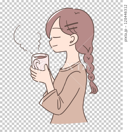 放鬆與一份熱的飲料的婦女 128446312