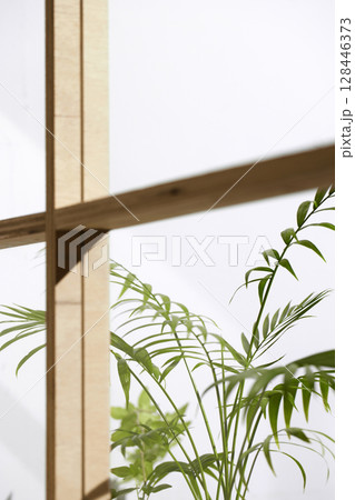 Soft sunlight through wooden windows, shadows, green leaves and texture of white walls. Soft sunlight through wooden windows, shadows, green leaves and texture of white walls. 128446373