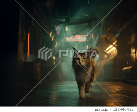 夜のサイバーパンクの都市を歩く猫 128446415