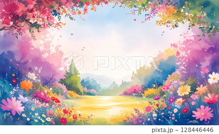水彩で描いたカラフルなガーデンの風景 128446446