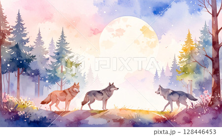 森の中のオオカミたちの水彩画 128446453