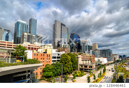 View of downtown Seattle, Washington, United States, captured from Overlook Walk. The elevated pedestrian pathway offers a sweeping panorama of the city's skyline, including modern skyscrapers and 128446461