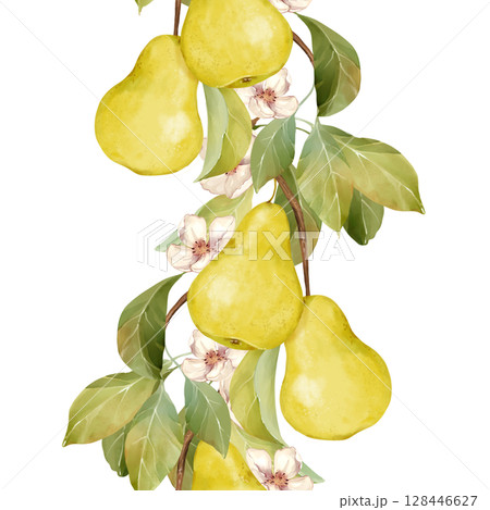 Seamless border illustration of hand-drawn watercolor yellow pears with blossoms, perfect for packaging, and greeting cards. Seamless border illustration of hand-drawn watercolor yellow pears with blossoms, perfect for packaging, and greeting cards. 128446627