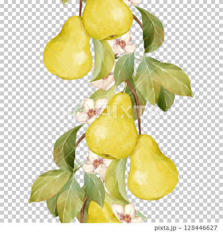 Seamless border illustration of hand-drawn watercolor yellow pears with blossoms, perfect for packaging, and greeting cards. Seamless border illustration of hand-drawn watercolor yellow pears with blossoms, perfect for packaging, and greeting cards. 128446627