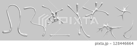 Liquid silver metal y2k abstract shape. Render 3d set of chrome fluid flow spiral and curve wave lines, blobs, blots and stains. Mercury drops and splash, isolated design elements. 3D illustration 128446664