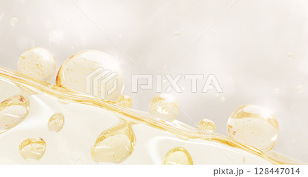3d gold liquid cosmetic background with wavy surface and oil drops texture. Light yellow clear serum, collagen gel, retinol or biotin vitamin, circle bubbles for skin or hair care. 3D illustration 3d gold liquid cosmetic background with wavy surface and oil drops texture. Light yellow clear serum, collagen gel, retinol or biotin vitamin, circle bubbles for skin or hair care. 3D illustration 128447014