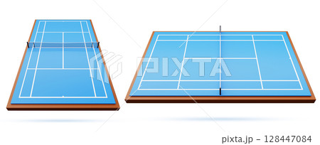 Blue hard tennis court perspective. Sport field of asphalt or concrete with synthetic acrylic surface, net and white lines. Isolated playground for tournament, realistic render set. 3D illustration Blue hard tennis court perspective. Sport field of asphalt or concrete with synthetic acrylic surface, net and white lines. Isolated playground for tournament, realistic render set. 3D illustration 128447084
