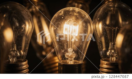 Warm glowing bulb in cozy industrial atmosphere 128447087